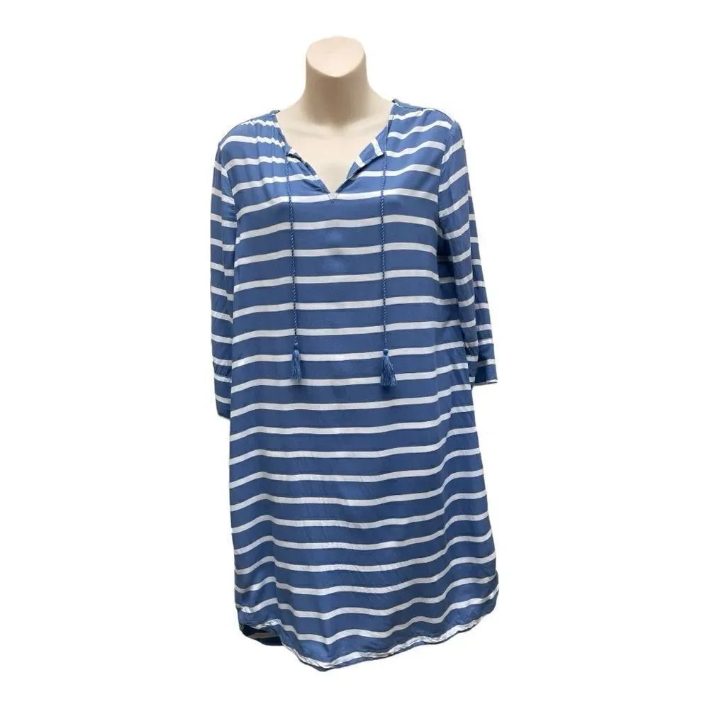 Beach Lunch Lounge Tunic Dress 3/4 Sleeves Tassels Causal Blue White Stripe Sz M